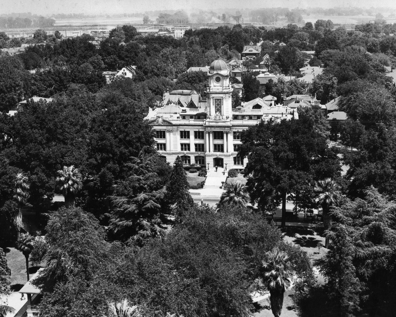 A black and white aerial photograph of City Hall