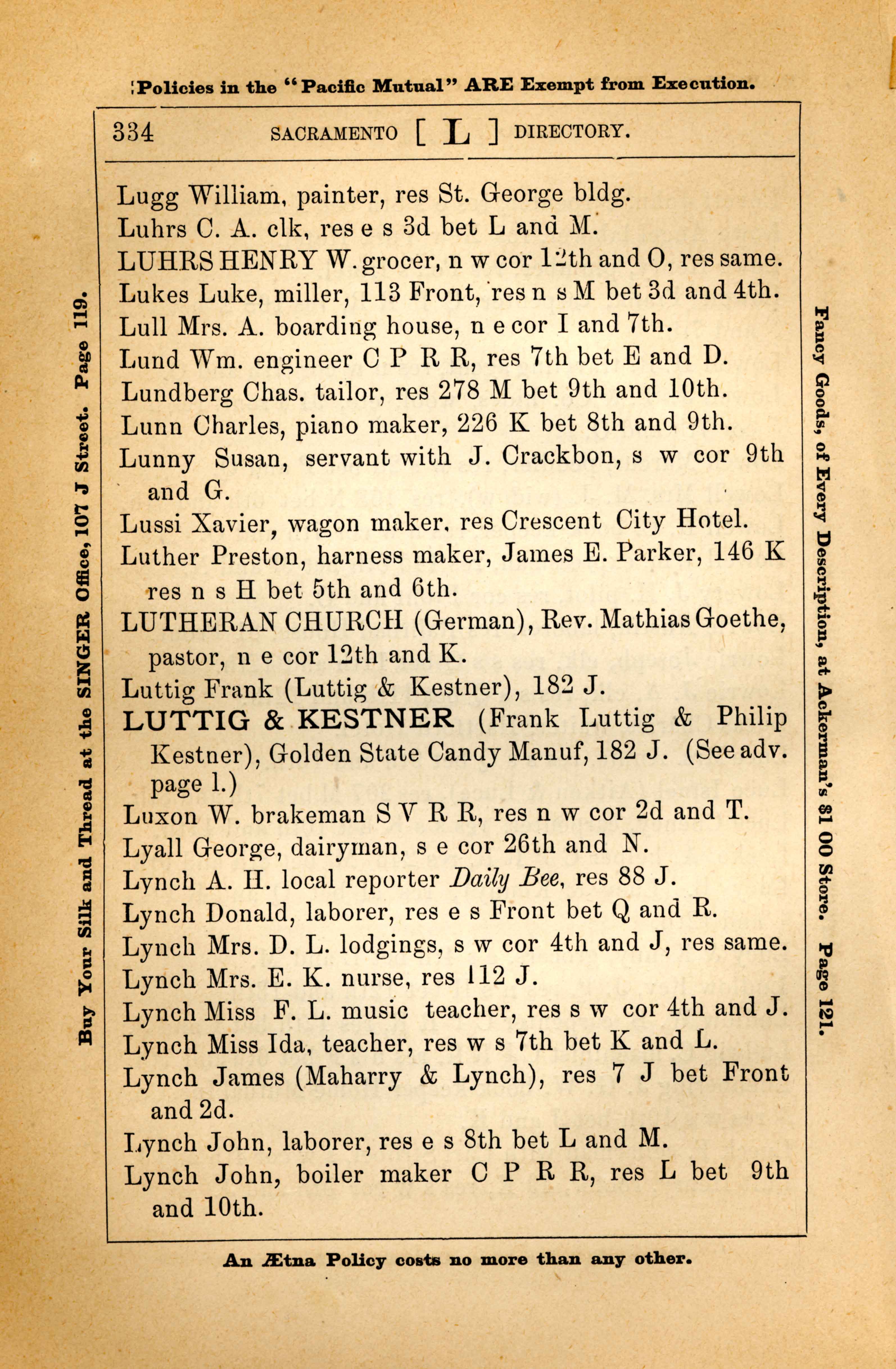 Photo of a page from the 1873 Sacramento City Directory