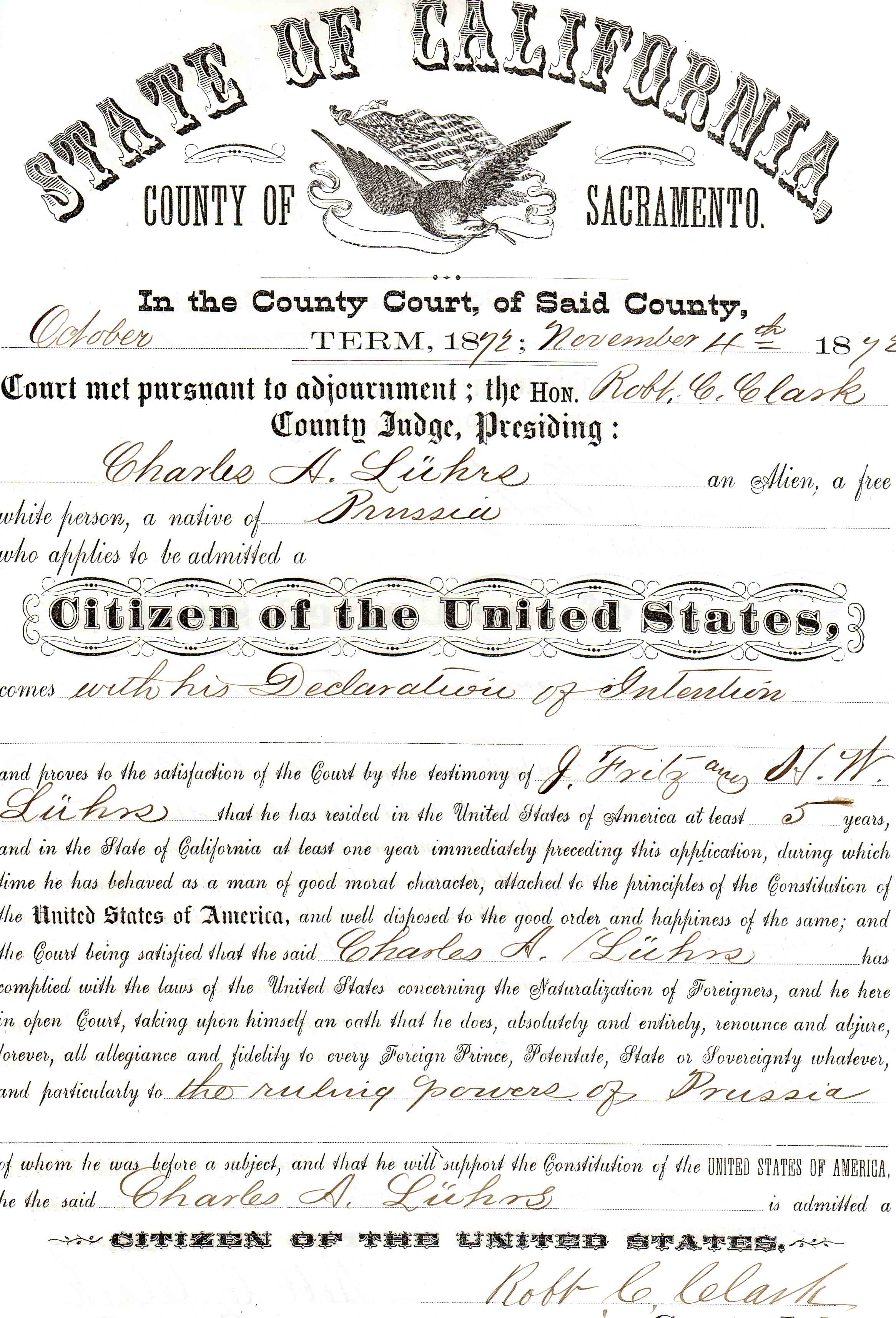 Photo of Charles Luhrs Naturalization Certificate