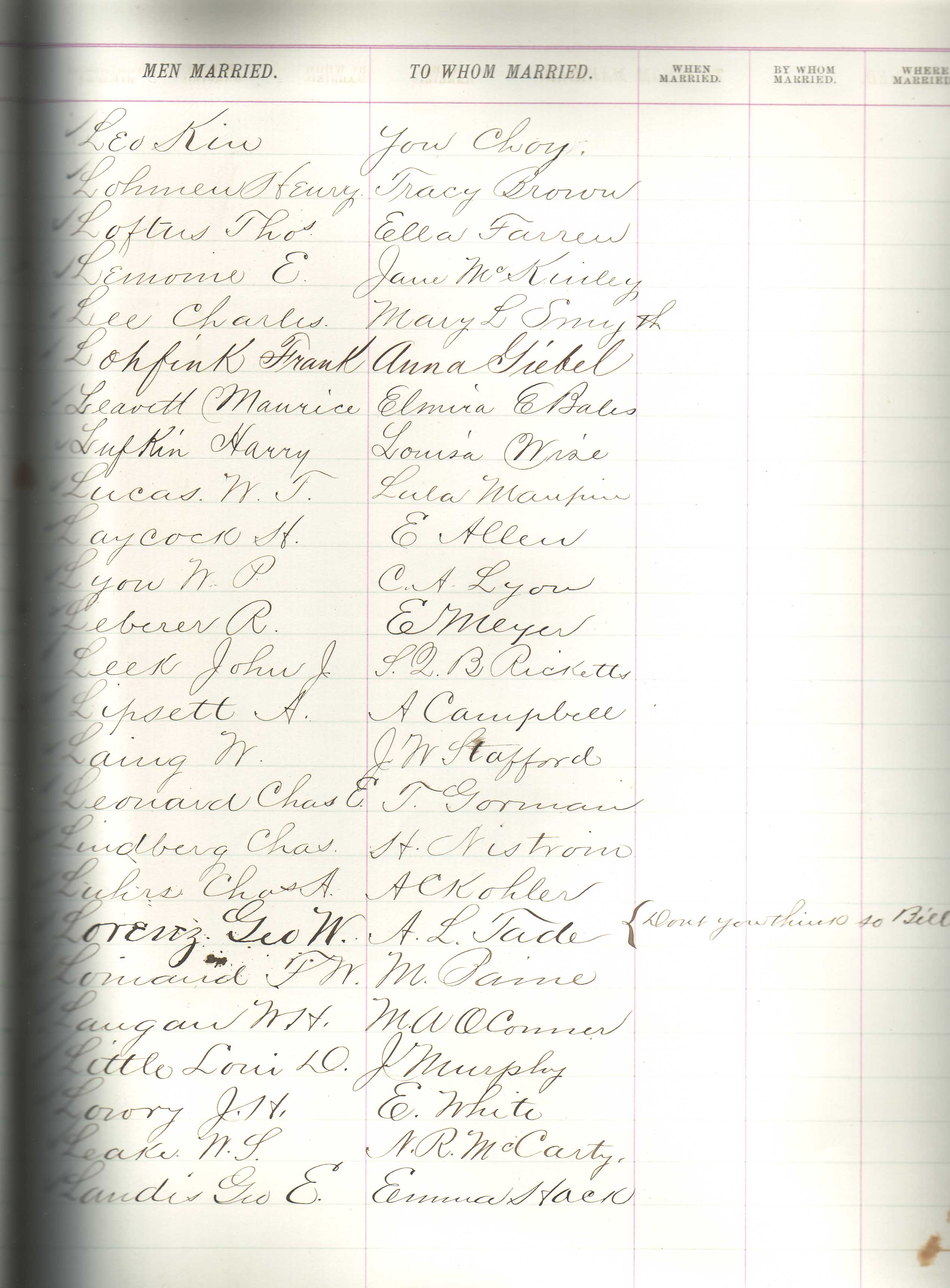 Photo of a page from the March 10, 1880 Marriage Certificate Index, Volume H for men