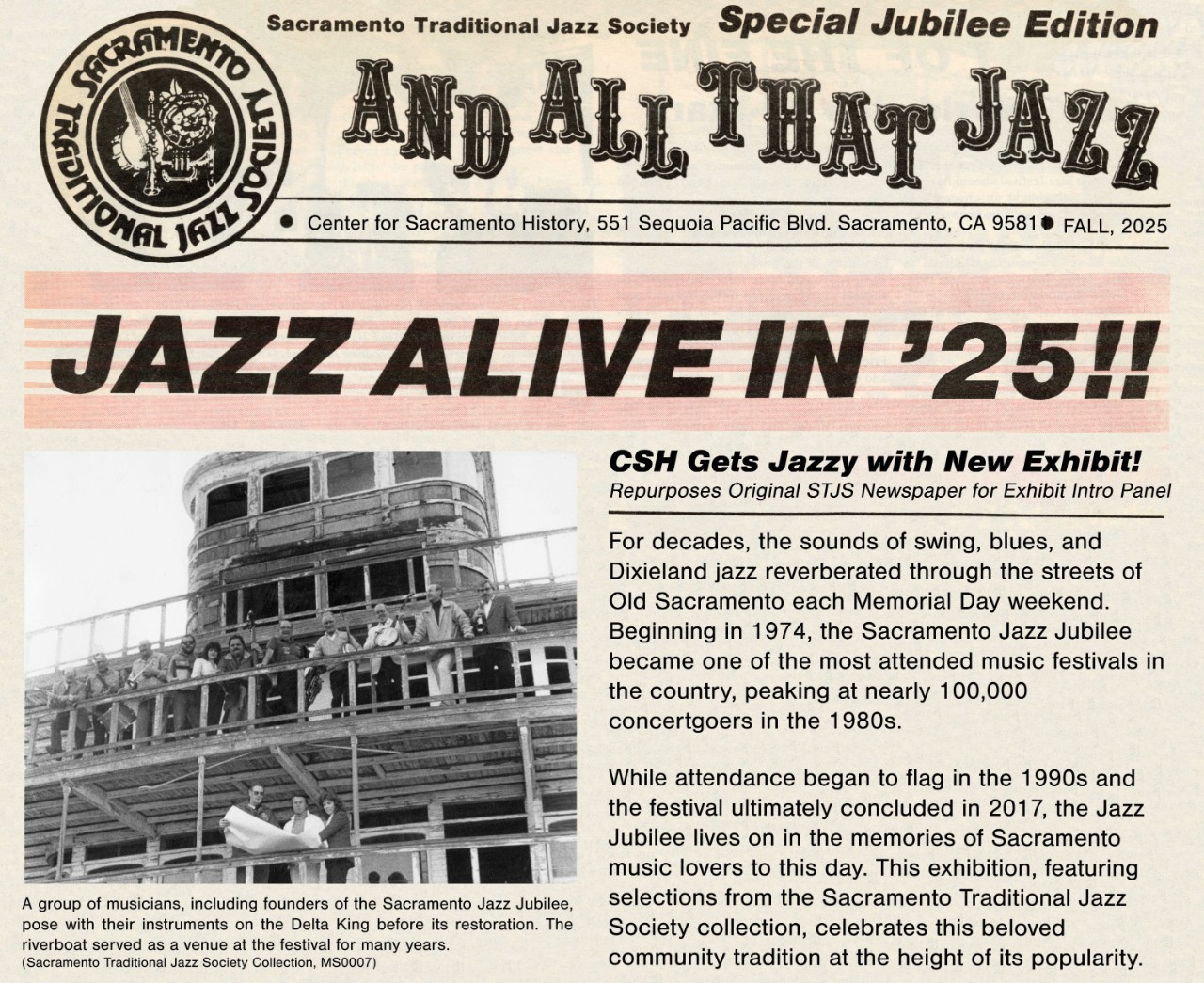 A mockup of the newspaper All That Jazz with a image of the boat the Delta King and musicians from the Jazz Festival posing on it. The text introduces the Jazz Jubilee exhibit.